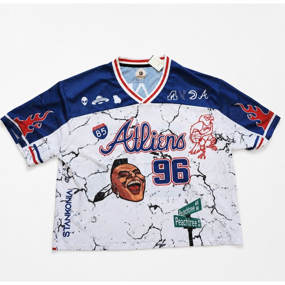 NWT ATLiens Atlanta Braves Outcast Cropped Football Style Jersey Size Mens XXL